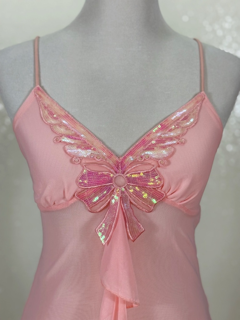 Y2K Pink Sheer Mesh Camisole Top Sequin Bow Lace Trim Fairycore Babydoll - Picture 7 of 12